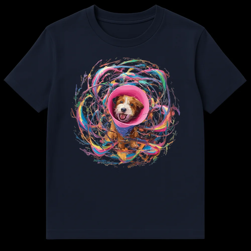 Happy dog in pink cone of shame with blue bandana and colorful paint splatters on black t-shirt on Navy Blue t-shirt