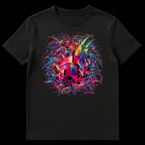 Abstract pineapple t-shirt design with vibrant pink, blue, green, and yellow paint splatters on a black background, depicting an exploding pineapple on Black t-shirt