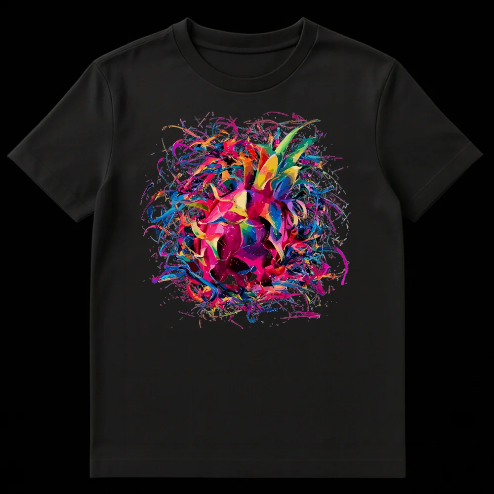 Abstract pineapple t-shirt design with vibrant pink, blue, green, and yellow paint splatters on a black background, depicting an exploding pineapple on Black t-shirt