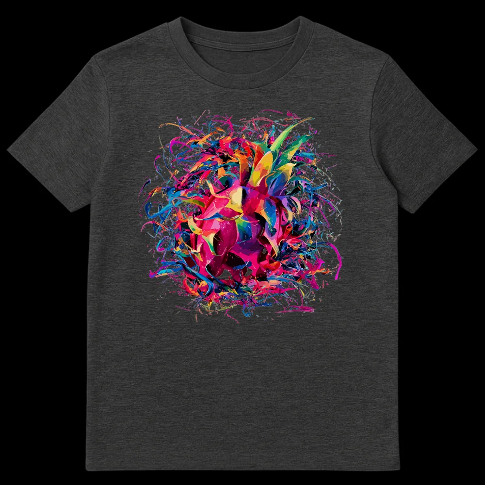 Abstract pineapple t-shirt design with vibrant pink, blue, green, and yellow paint splatters on a black background, depicting an exploding pineapple on Dark Heather t-shirt