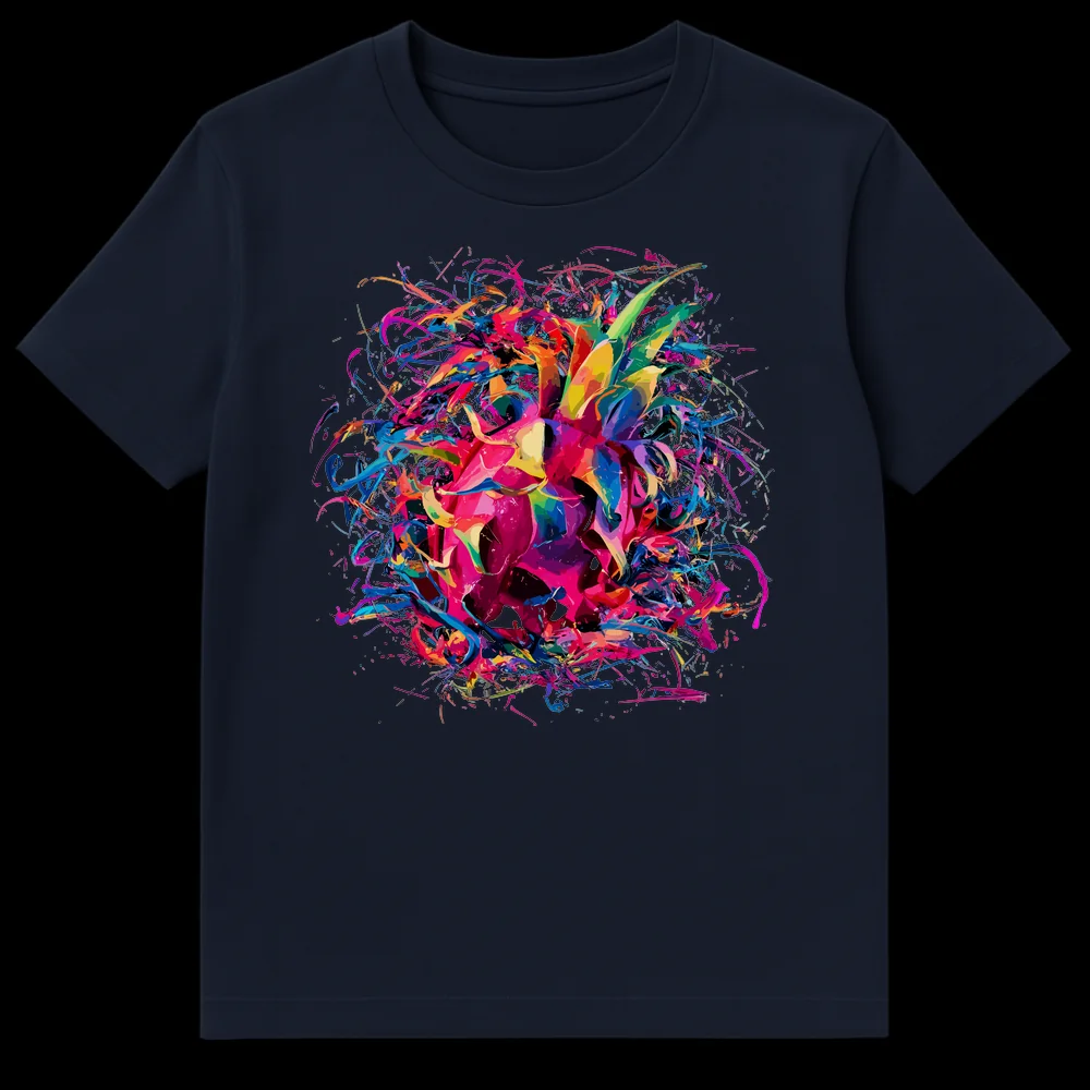 Abstract pineapple t-shirt design with vibrant pink, blue, green, and yellow paint splatters on a black background, depicting an exploding pineapple on Navy Blue t-shirt