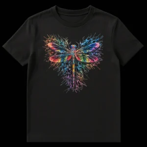 Abstract watercolor paint splash rainbow dragonfly design on a black t-shirt, showcasing vibrant colors and artistic splatters. on Black t-shirt