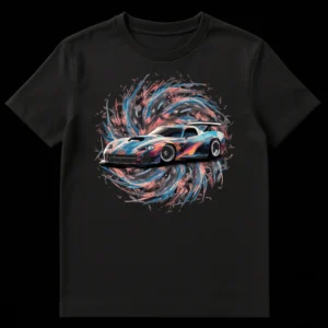 Dynamic sports car t-shirt, Toyota Supra A80-like car in abstract art, JDM car enthusiast apparel, vibrant automotive graphic tee on Black t-shirt