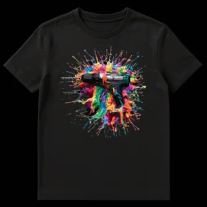 Vibrant power drill splattering rainbow paint on black t-shirt on Black t-shirt