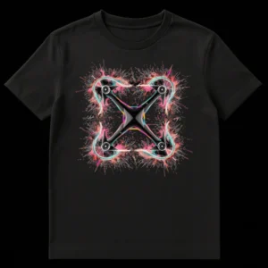 Neon Splatter Drone T-Shirt featuring a vibrant, abstract design of a quadcopter surrounded by hot pink, blue, and cyan neon colors on a black background. on Black t-shirt
