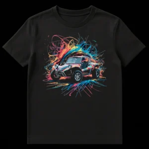Dynamic neon splash art T-shirt featuring a classic dune buggy against a black background with vibrant pink, orange, blue, and green streaks. on Black t-shirt
