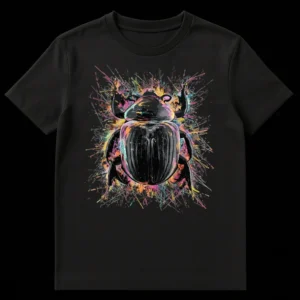 Detailed beetle t-shirt design with vibrant multi-color paint splatters on a black background, abstract art style on Black t-shirt