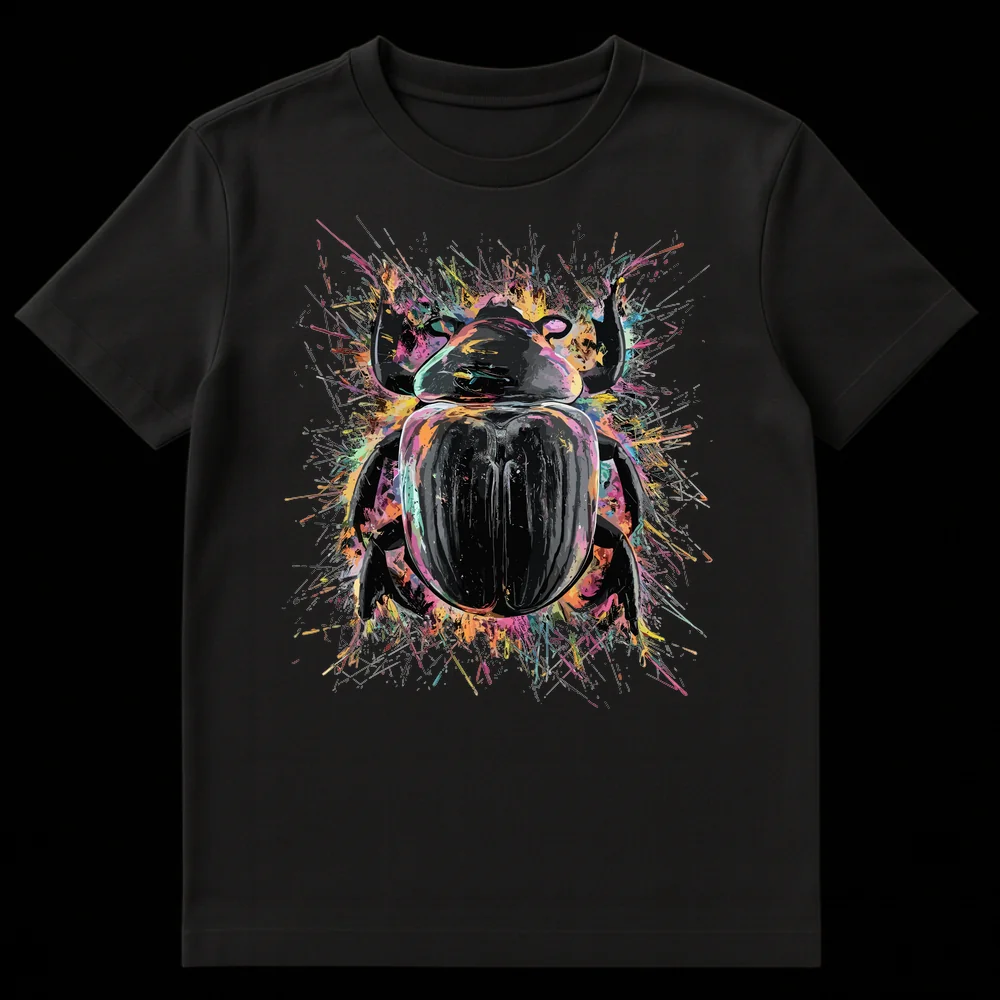 Detailed beetle t-shirt design with vibrant multi-color paint splatters on a black background, abstract art style on Black t-shirt