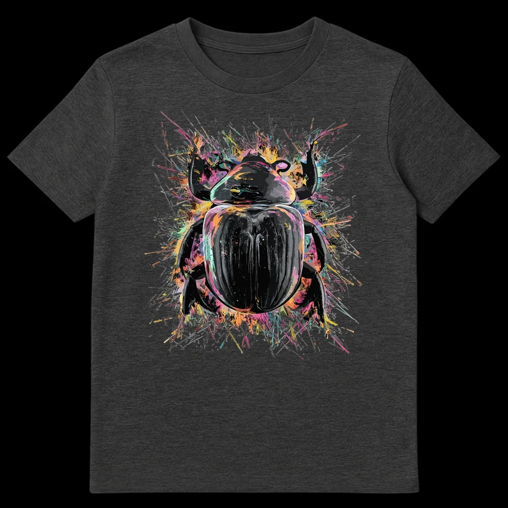 Detailed beetle t-shirt design with vibrant multi-color paint splatters on a black background, abstract art style on Dark Heather t-shirt
