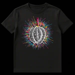 Durian Explosion T-Shirt with colorful abstract paint splatters surrounding a grey durian fruit on a black background on Black t-shirt