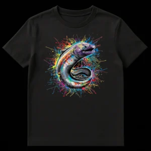Vibrant Moray Eel Splatter Art T-Shirt, featuring a detailed eel surrounded by rainbow paint splashes on a black background. on Black t-shirt