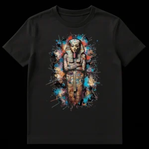 Ancient Egyptian Pharaoh Mask Splatter Art T-Shirt, vibrant abstract colors on black fabric, King Tut sarcophagus design on Black t-shirt