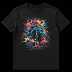 Electric Scooter Rider T-Shirt with a vibrant, dynamic abstract design featuring an e-scooter and colorful paint splatters in red, blue, orange, and black background. on Black t-shirt