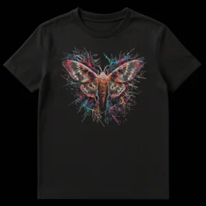 Vibrant Moth Splatter Art T-Shirt featuring a colorful moth with paint splatters on a black background on Black t-shirt