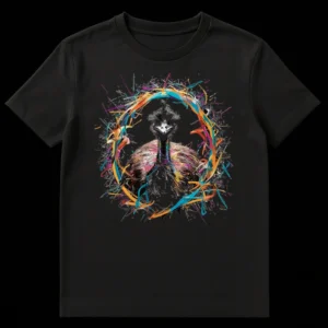 Vibrant Emu Portrait T-Shirt with abstract colorful paint splatters on a black background on Black t-shirt