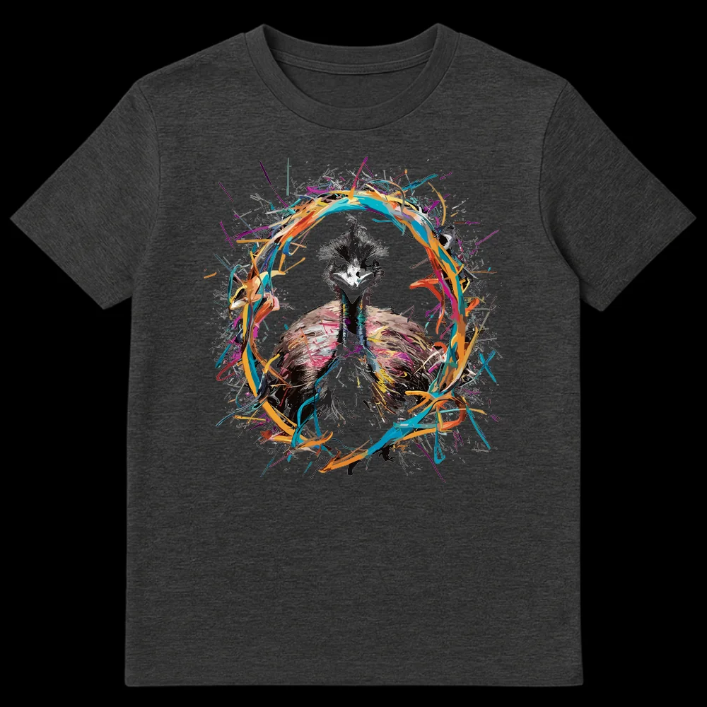 Vibrant Emu Portrait T-Shirt with abstract colorful paint splatters on a black background on Dark Heather t-shirt