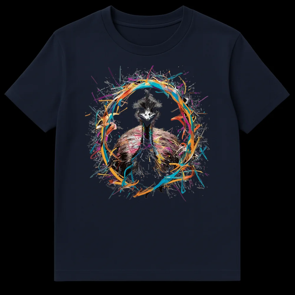 Vibrant Emu Portrait T-Shirt with abstract colorful paint splatters on a black background on Navy Blue t-shirt