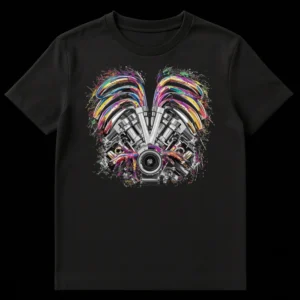 Detailed V-engine graphic t-shirt with rainbow-colored exhaust pipes and paint splatters on a black background on Black t-shirt