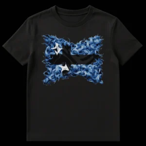 Abstract Somali Flag Art T-Shirt with tangled blue textures and sharp white stars on black background, representing Somali national pride. on Black t-shirt
