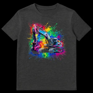Vibrant Pop Art style excavator t-shirt with colorful paint splatters on a dark background. on Dark Heather t-shirt