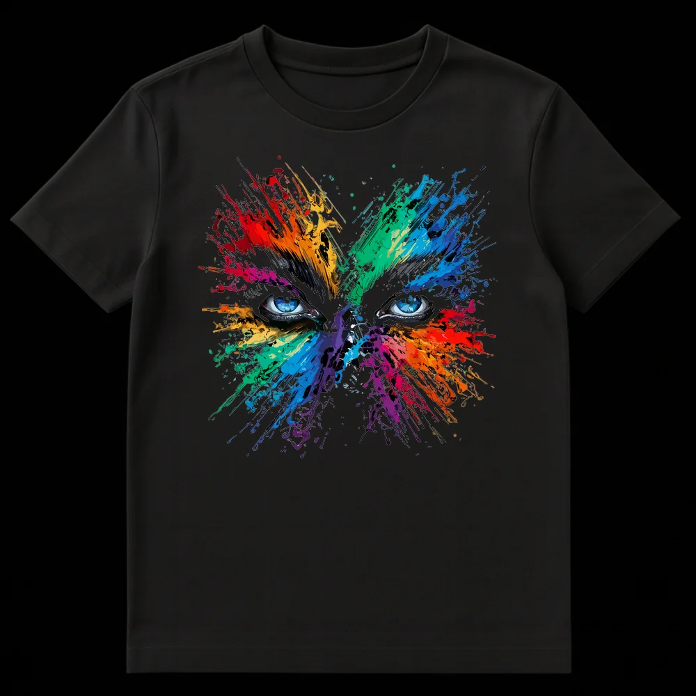 T-shirt with a vibrant abstract art design featuring intense blue eyes surrounded by a burst of colorful paint splatters on a black background, symbolizing creativity and expression. on Black t-shirt