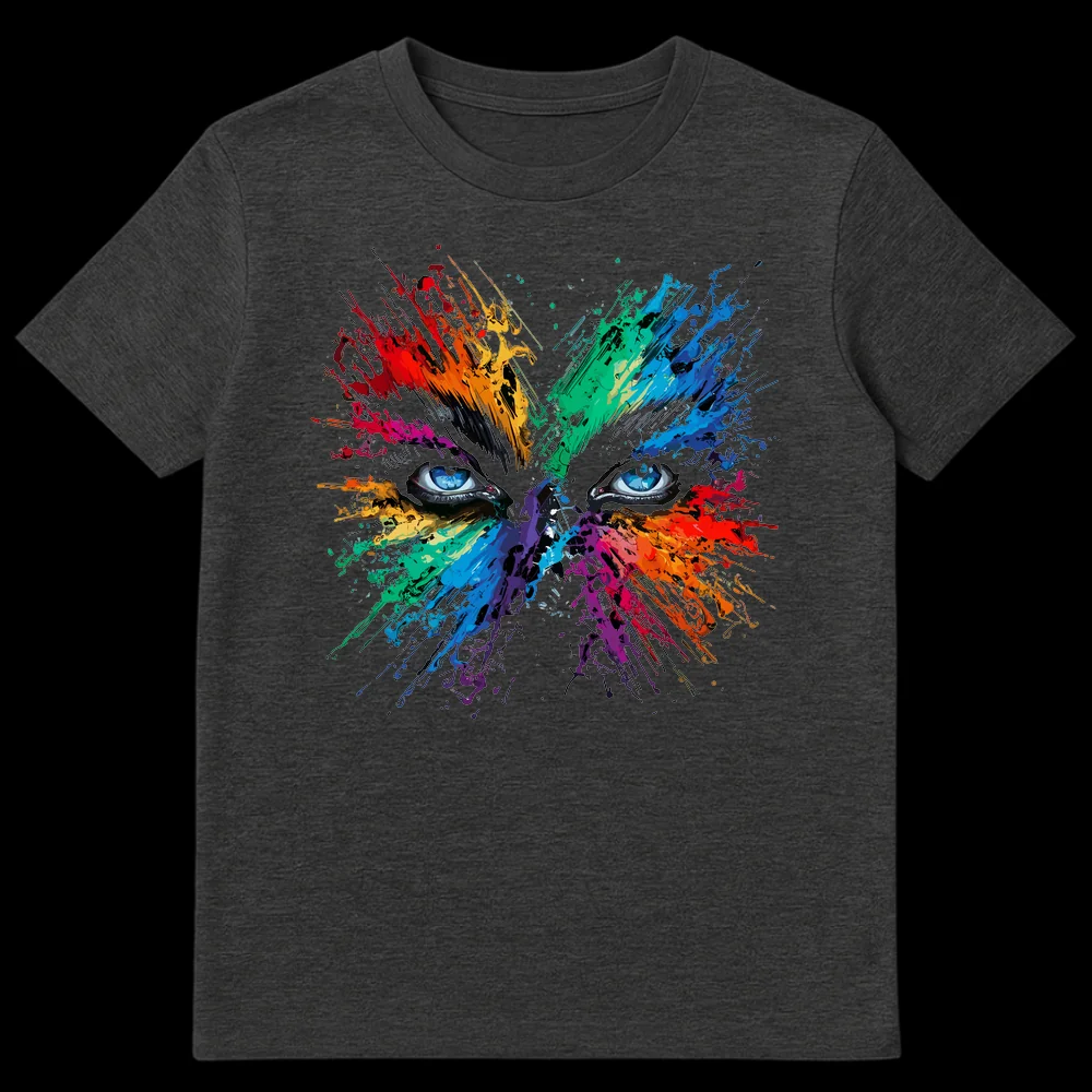 T-shirt with a vibrant abstract art design featuring intense blue eyes surrounded by a burst of colorful paint splatters on a black background, symbolizing creativity and expression. on Dark Heather t-shirt