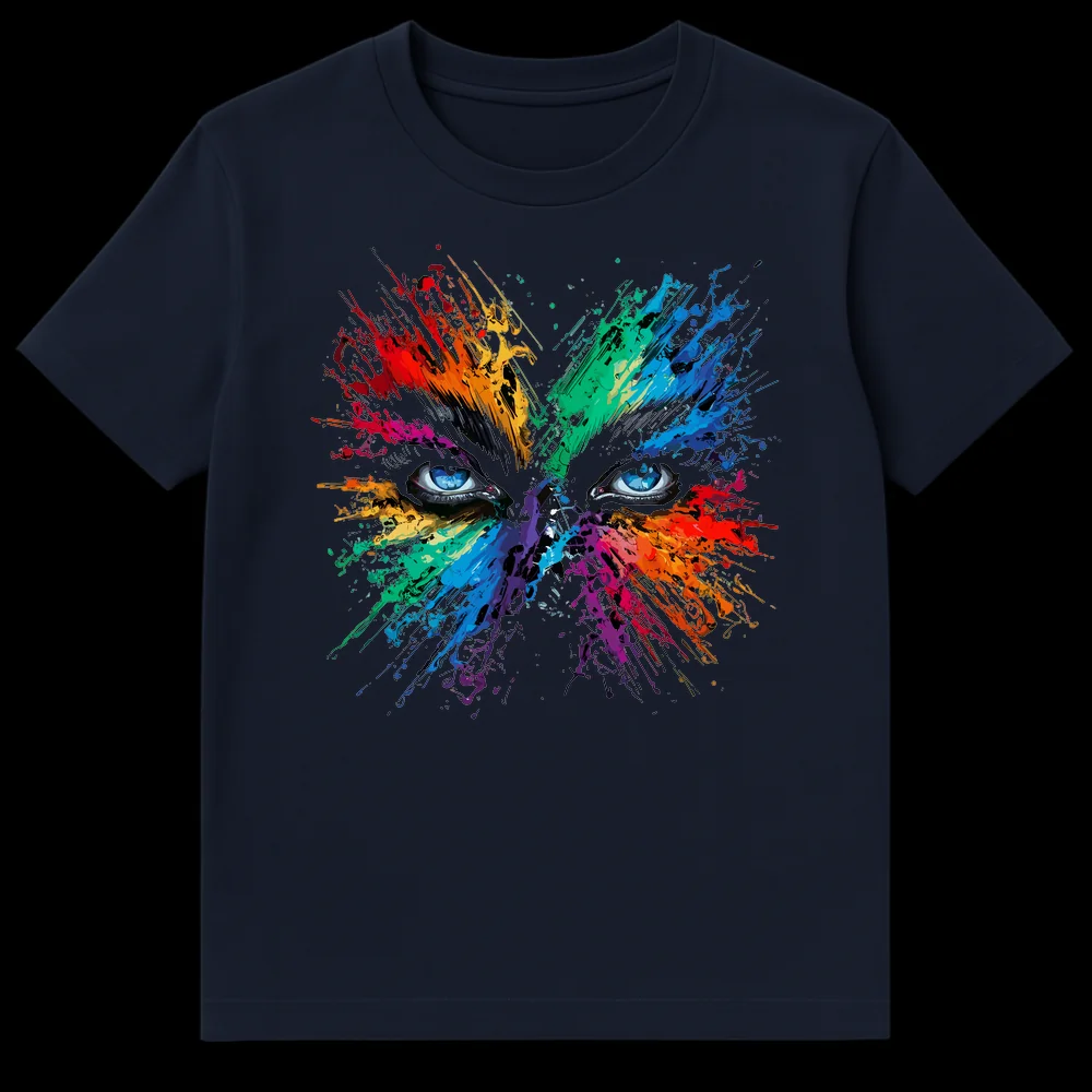 T-shirt with a vibrant abstract art design featuring intense blue eyes surrounded by a burst of colorful paint splatters on a black background, symbolizing creativity and expression. on Navy Blue t-shirt