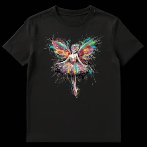 Vibrant watercolor splash fairy t-shirt with rainbow colors and butterfly wings on black background for fantasy lovers and art enthusiasts on Black t-shirt