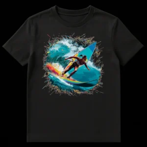 Vibrant windsurfer t-shirt with rainbow waves, dynamic digital illustration on a black background on Black t-shirt
