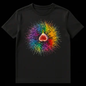 Vibrant Rainbow Fig Burst T-Shirt design with a sliced fig and colorful abstract splash on a black background. on Black t-shirt