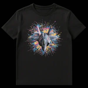 F-35 Lightning II Stealth Fighter Jet T-Shirt with vibrant paint splatters, featuring 'F35T' text on wing, in cool greys and reds on a black background. on Black t-shirt