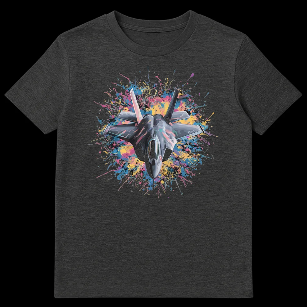 F-35 Lightning II Stealth Fighter Jet T-Shirt with vibrant paint splatters, featuring 'F35T' text on wing, in cool greys and reds on a black background. on Dark Heather t-shirt