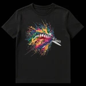 Vibrant fishing lure t-shirt with rainbow paint splash on black background for anglers on Black t-shirt
