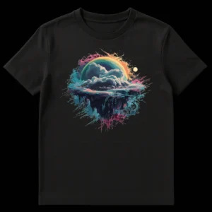 Floating Island Rainbow T-Shirt design with surreal landscape, colorful paint splatters, and celestial body. on Black t-shirt