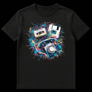 Retro Tech Enthusiast T-Shirt featuring audio cassette, floppy disk, and rotary phone with neon paint splatters on a black background on Black t-shirt