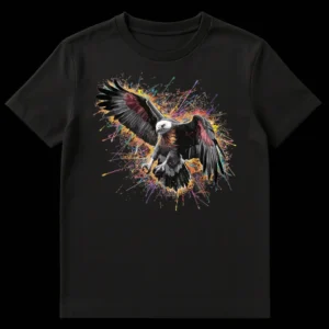 Majestic eagle in flight emerging from a vibrant paint splatter explosion on a black t-shirt, showcasing dynamic multi-color art. on Black t-shirt
