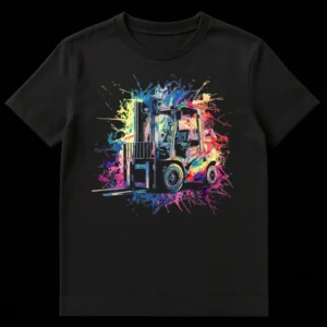 Vibrant splatter art forklift design on a black t-shirt, showcasing a dynamic, colorful interpretation of industrial machinery for operators and enthusiasts. on Black t-shirt