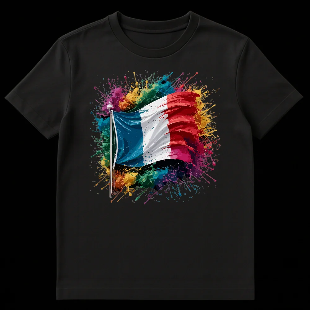Vibrant French Flag T-Shirt with colorful paint splatters on a black background on Black t-shirt