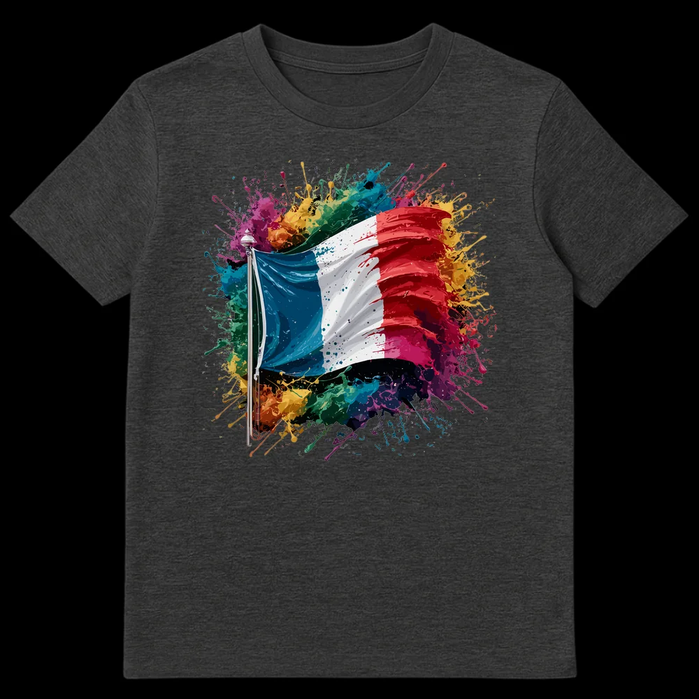 Vibrant French Flag T-Shirt with colorful paint splatters on a black background on Dark Heather t-shirt