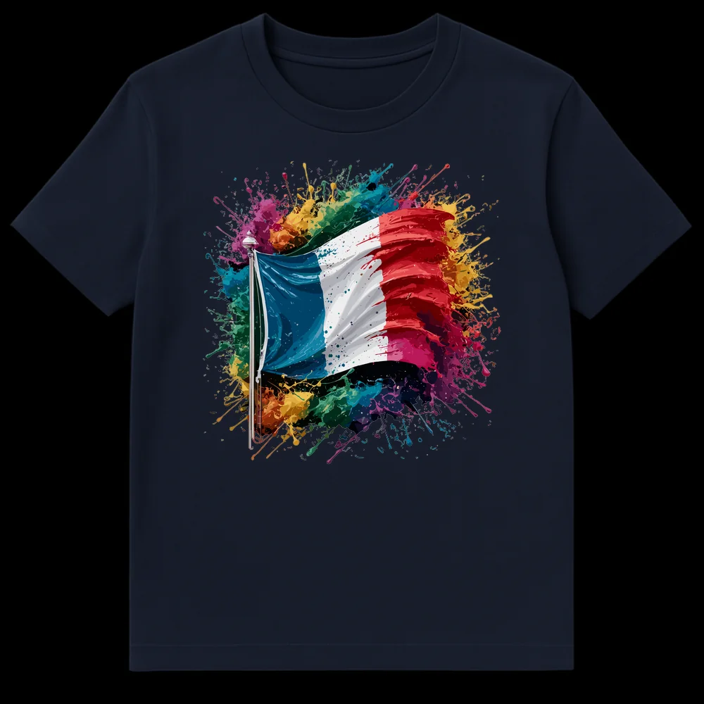 Vibrant French Flag T-Shirt with colorful paint splatters on a black background on Navy Blue t-shirt
