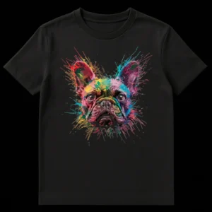 Vibrant French Bulldog Portrait T-Shirt in Multi-Colored Splash Art Style on Black Background on Black t-shirt