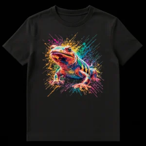 Psychedelic Rainbow Frog T-Shirt with colorful paint splatters in Pop Art style on black background on Black t-shirt