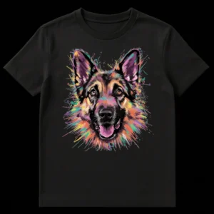 Abstract rainbow German Shepherd t-shirt design with vibrant colors on a black background, perfect for dog lovers and pet owners. on Black t-shirt
