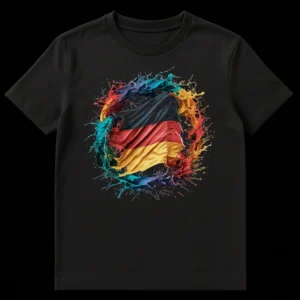 German flag t-shirt with vibrant paint splash art design on black background, showcasing national pride on Black t-shirt