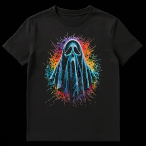 Scream Ghostface mask t-shirt with rainbow paint splatters on a black background, vibrant pop art style on Black t-shirt