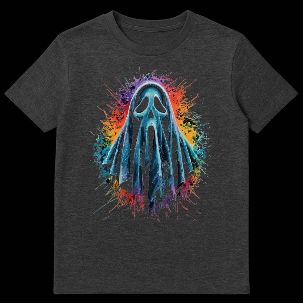 Scream Ghostface mask t-shirt with rainbow paint splatters on a black background, vibrant pop art style on Dark Heather t-shirt