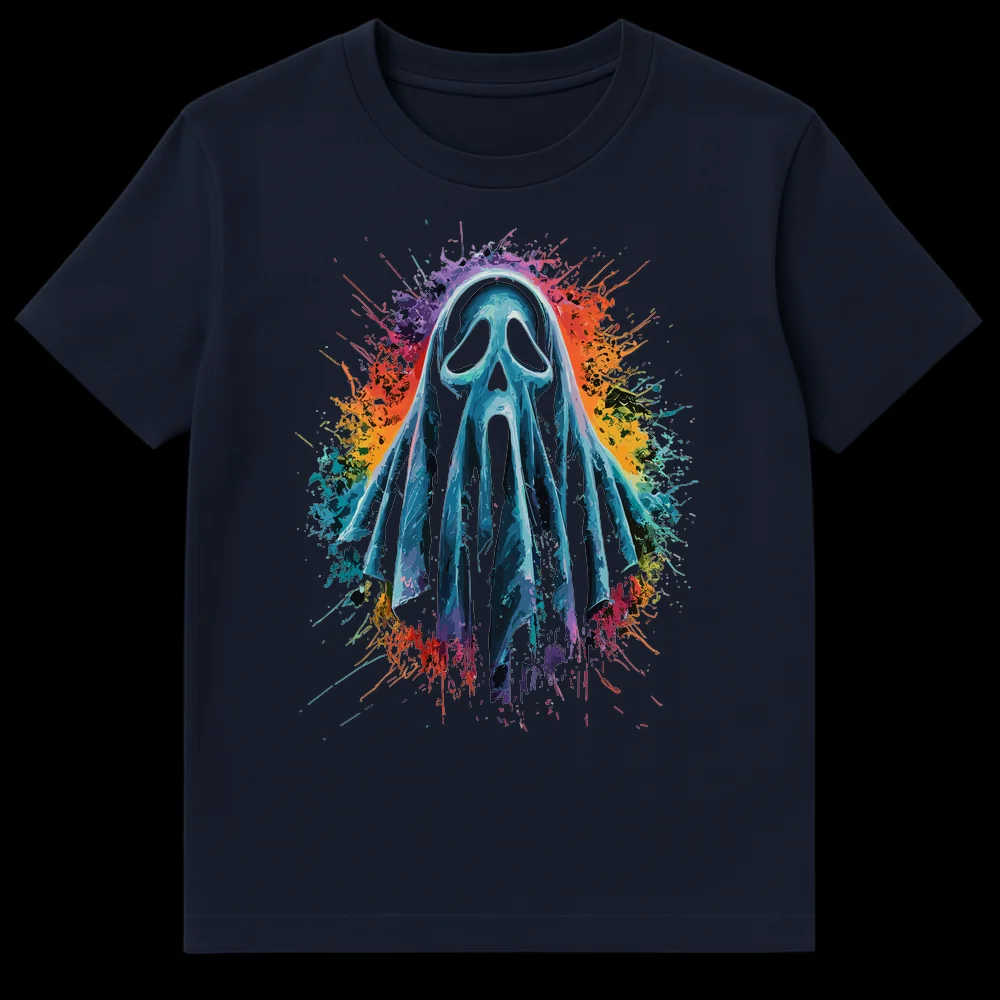 Scream Ghostface mask t-shirt with rainbow paint splatters on a black background, vibrant pop art style on Navy Blue t-shirt