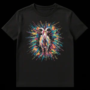 Vibrant abstract expressionist pop art multi-color goat t-shirt on a black background, representing 'Greatest Of All Time' (G.O.A.T.) on Black t-shirt
