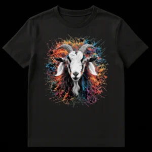 Realistic goat head emerging from vibrant multicolored paint splatters on a black t-shirt, symbolizing 'Greatest Of All Time' excellence in a pop culture art style. on Black t-shirt