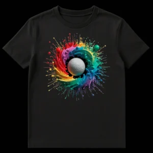 Golf Enthusiast Rainbow Splash Ball T-Shirt with vibrant multi-color paint explosion around a white golf ball on black background on Black t-shirt